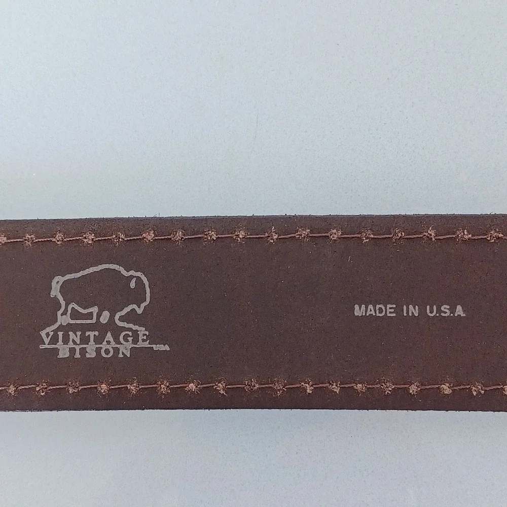 Vintage Bison American Bison Leather Belt 42 Men Brown Pebbled Plaque Buckle USA
